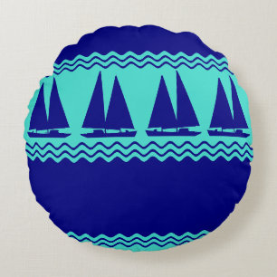 Blue Nautical Sailboat Coastal Stripes Round Cushion