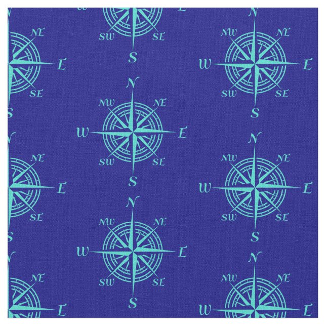 Blue Nautical Sailing Compass Fabric (Close Up)