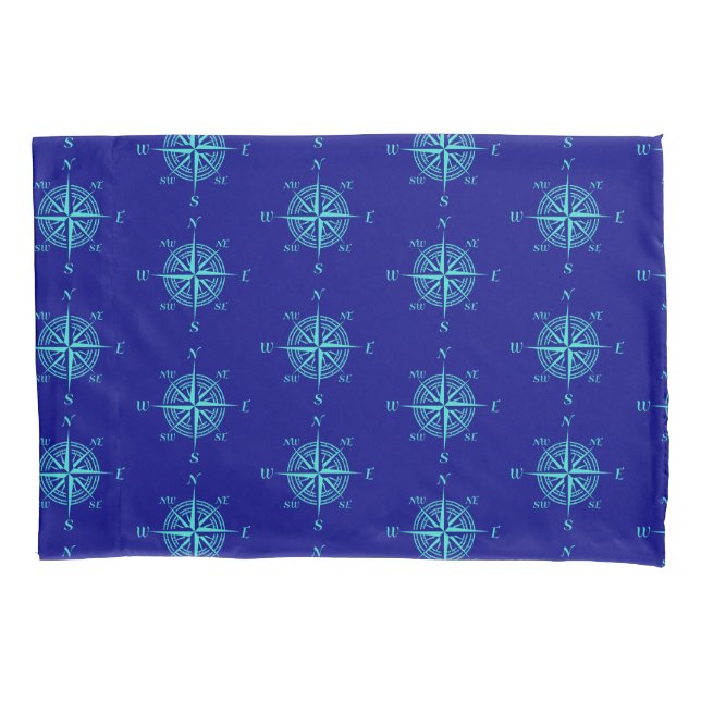 Blue Nautical Sailing Compass Pillowcase (Front)