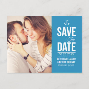 BLUE NAUTICAL SCRIPT PHOTO SAVE THE DATE POSTCARD