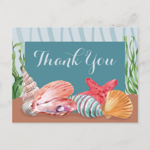 Blue Nautical Seashell Beach Wedding Thank You Postcard