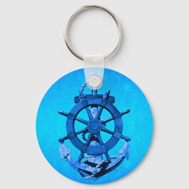 Blue Nautical Ships Wheel And Anchor Key Ring (Front)