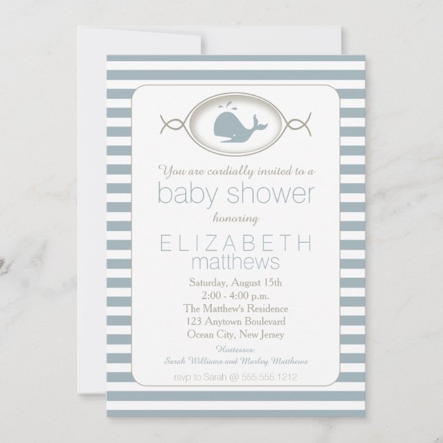 Blue Nautical Spouting Whale Striped Baby Shower I Invitation (Front)