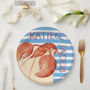 Blue Nautical Stripes Lobster Preppy Pastel Blue Paper Plate