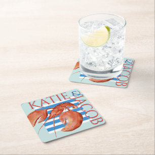 Blue Nautical Stripes & Lobster Preppy Pastel Blue Square Paper Coaster