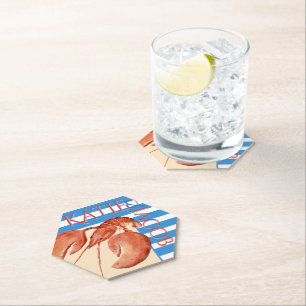 Blue Nautical Stripes Lobster Preppy Pastel Yellow Paper Coaster