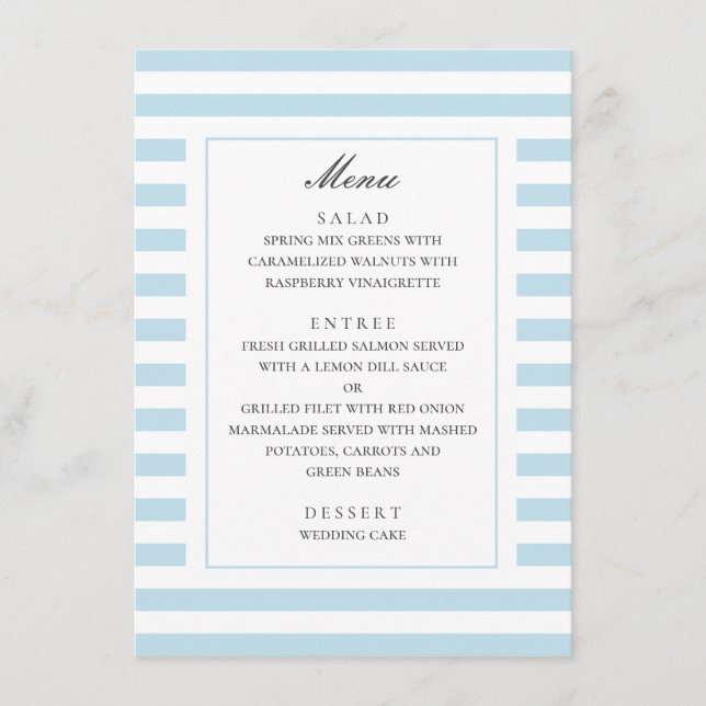 Blue nautical stripes. Modern striped wedding Menu (Front)