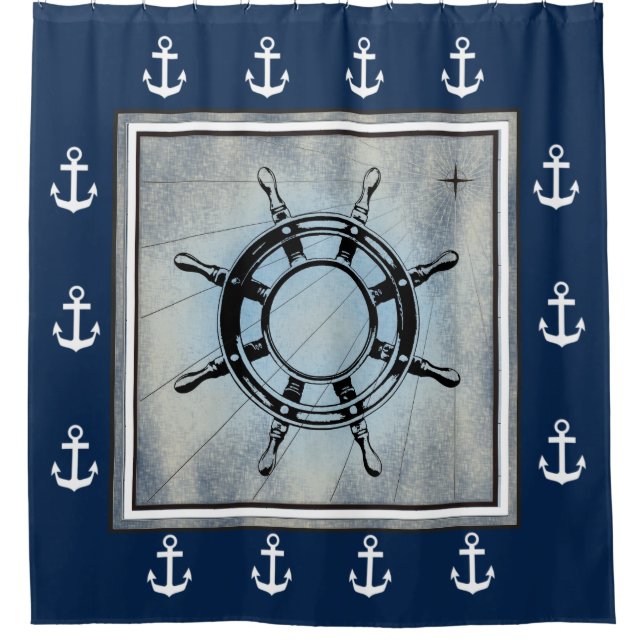 Blue Nautical Themed Shower Curtain (Front)