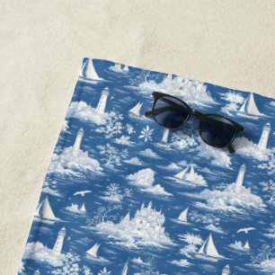 Blue Nautical Toile de Jouy Beach Towel