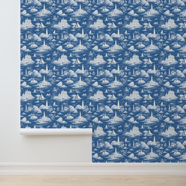 Blue Nautical Toile de Jouy Wallpaper (Application)