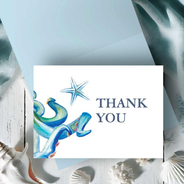 Blue Nautical Watercolor Folded Thank You Cards (Thank you card watercolor blue octopus under the sea theme Victoria Grigaliunas Do Tell A Belle)