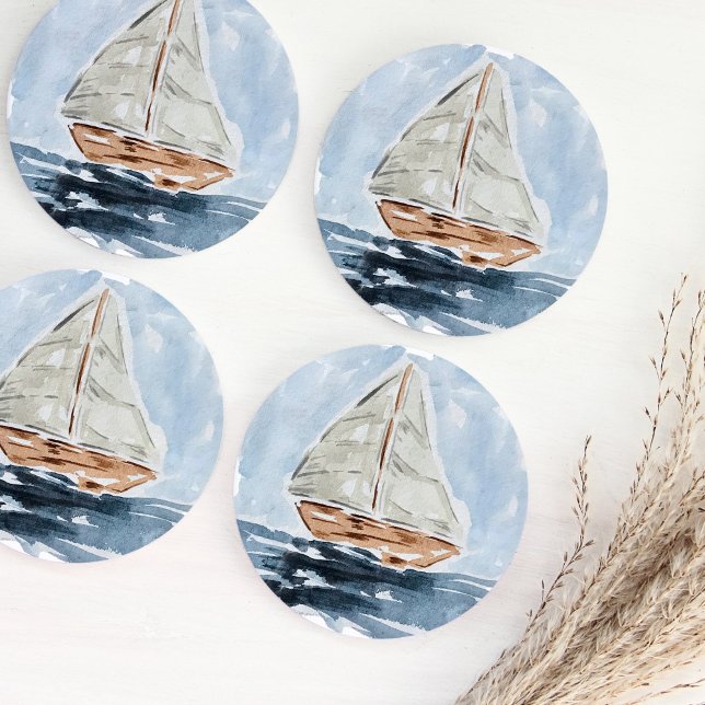 Blue Nautical Watercolor Sailboat Round Paper Coaster (Creator Uploaded)