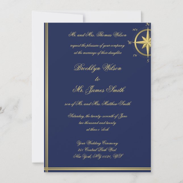 Blue Nautical Wedding Invitations Gold Compass (Front)