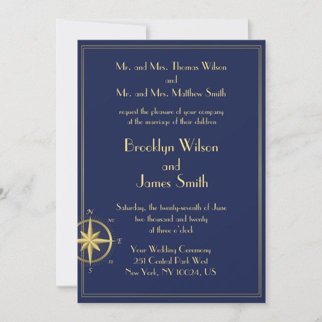 Blue Nautical Wedding Invitations Gold Compass (Front)