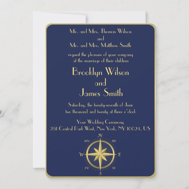 Blue Nautical Wedding Invitations Gold Compass (Front)