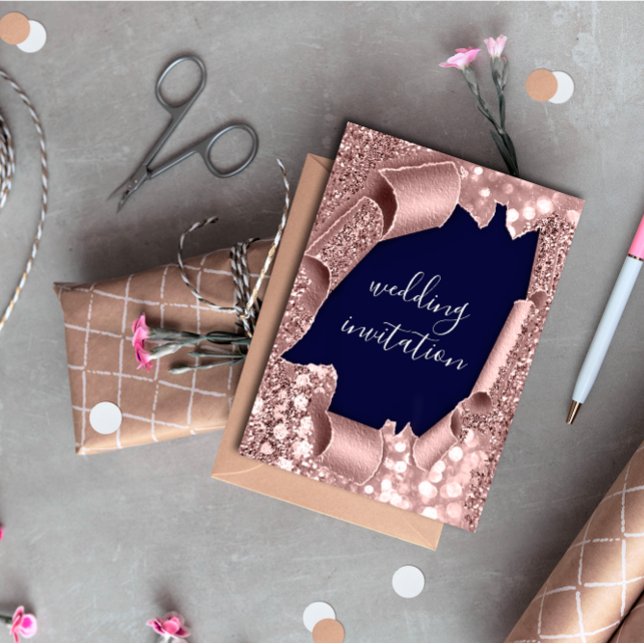 Blue Navy 3D Rose Gold Wedding Glitter  Invitation (Dental Clinic Dentist Silver Rose Appointment Logo)