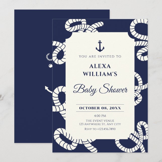 Blue navy anchor baby shower invitation (Front/Back)