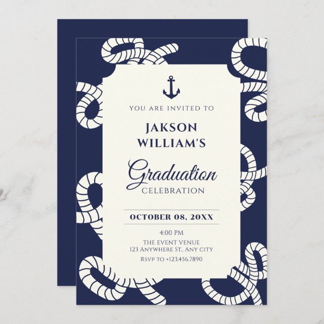 Blue navy anchor graduation invitation (Front/Back)