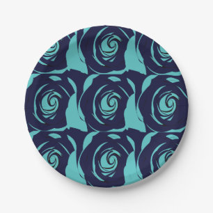 Blue Navy Blue Rose Flower Floral Pattern Party Paper Plate