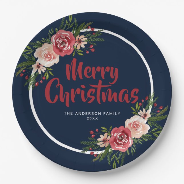 Blue Navy Blue Watercolor Flowers Christmas Paper Plate (Front)