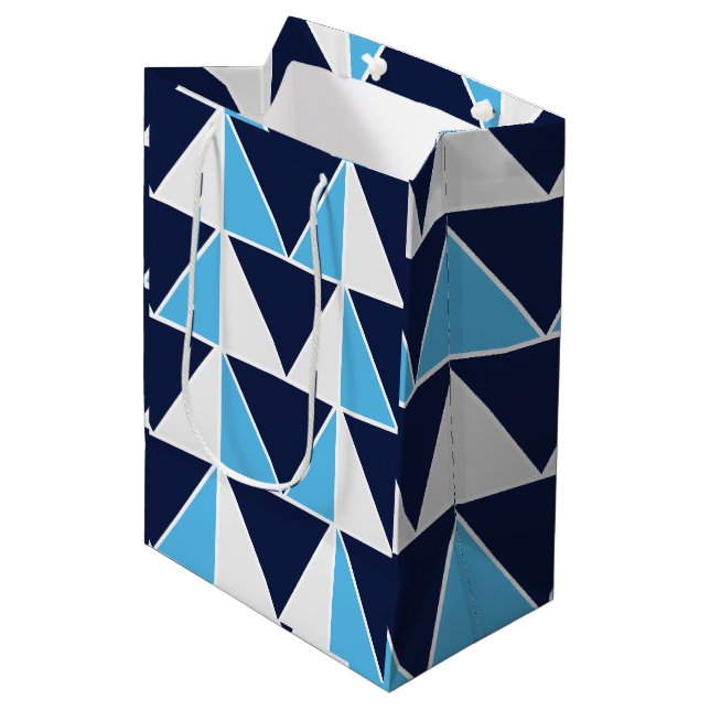 Blue Navy Blue White Triangle Geometric  Medium Gift Bag (Front Angled)