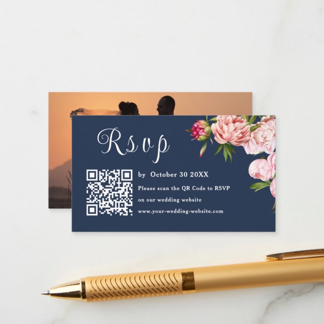 Blue Navy Blush Pink Photo Rsvp Qr Code Wedding Enclosure Card (Front/Back In Situ)