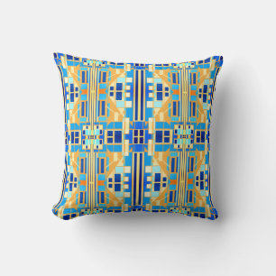 Blue Navy Coral Yellow Gold Large Tile Pattern Cushion