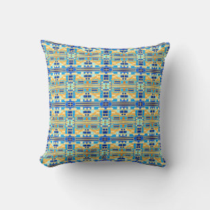 Blue Navy Coral Yellow Gold Small Tile Pattern Cushion