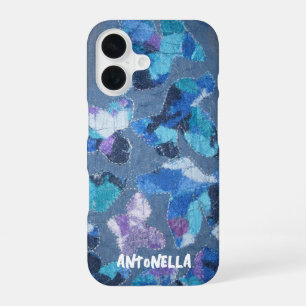 Blue navy cyan purple monogram abstract pattern  iPhone 16 case