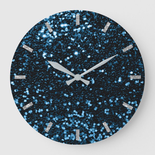Blue Navy Deep Ocean Sparkly Faux Glitter Grey Large Clock (Front)