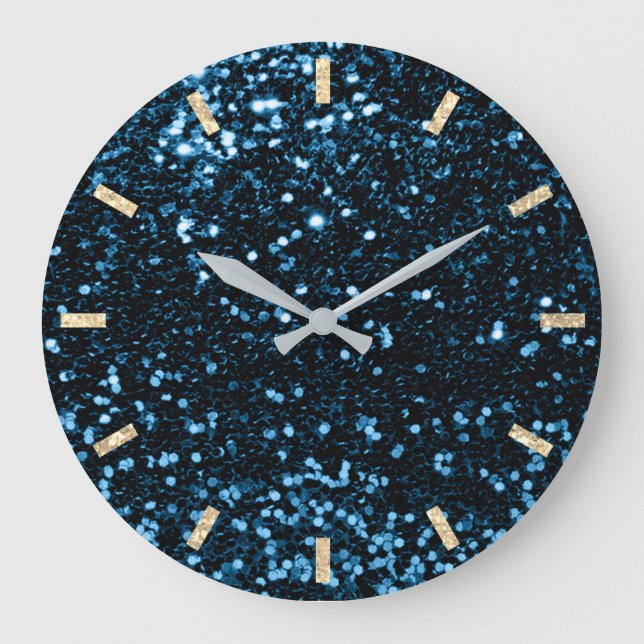 Blue Navy Deep Sparkly Glitter Silver Gold Large Clock (Front)