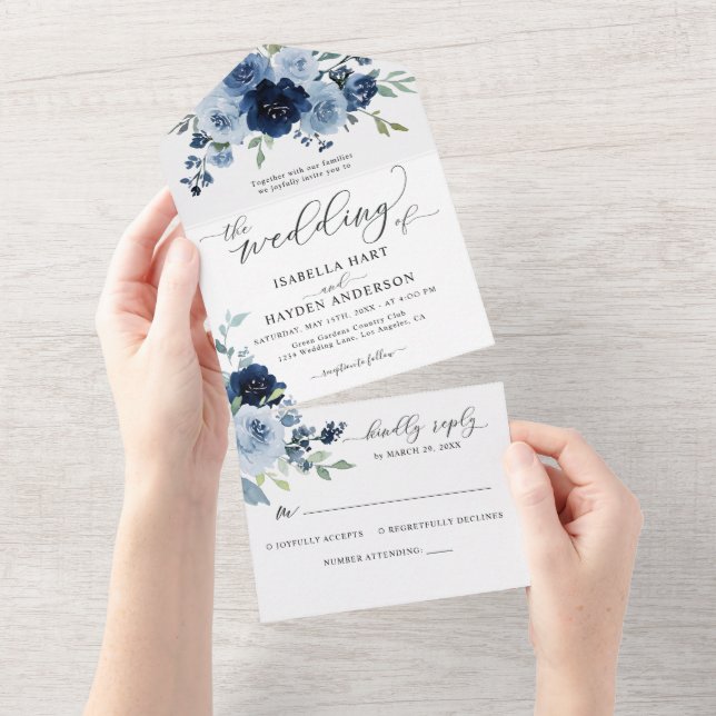 Blue Navy Dusty Slate Floral Botanical Wedding All In One Invitation (Tearaway)