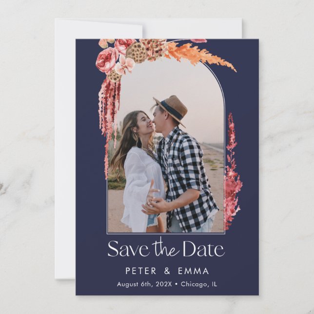 Blue Navy | Evening Save the Date Pampas Grass Holiday Card (Front)