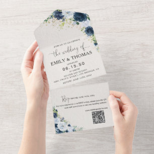 Blue Navy Floral All in One Wedding Invite