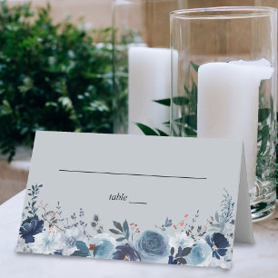 Blue & Navy Floral - Blue Grey Place Card