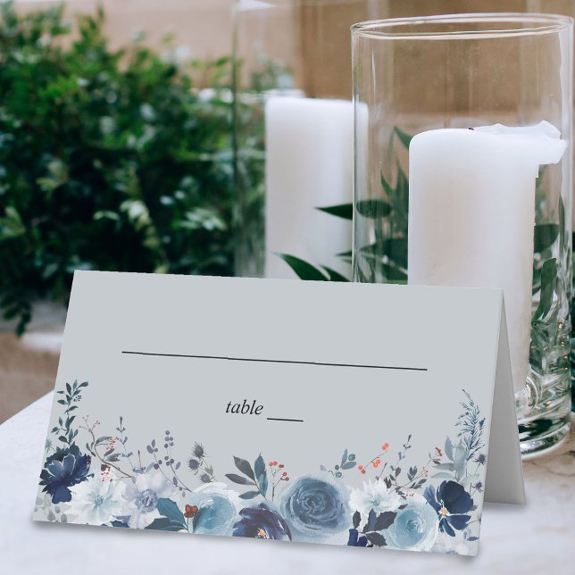 Blue & Navy Floral - Blue Grey Place Card (Creator Uploaded)