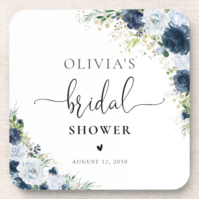 Blue Navy Floral Bridal Shower Coasters (Front)
