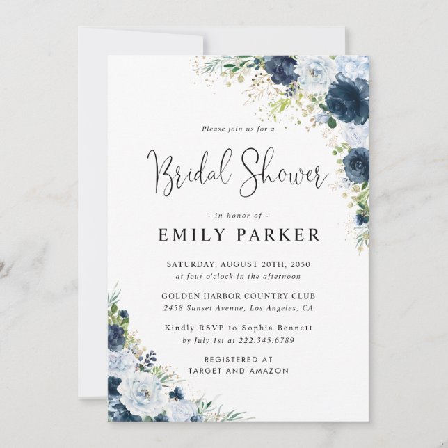 Blue Navy Floral Bridal Shower Invitation (Front)