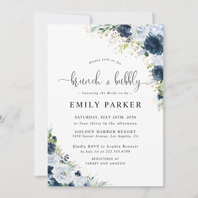 Blue Navy Floral Bridal Shower Invitation (Front)