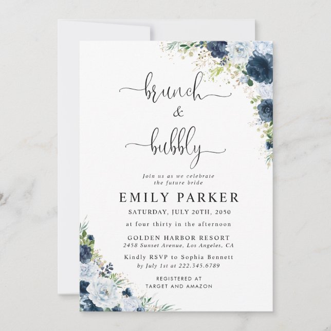 Blue Navy Floral Bridal Shower Invitation (Front)
