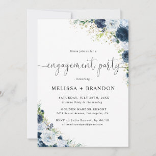 Blue Navy Floral Engagement Party Invitation