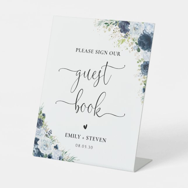 Blue Navy Floral Guest Book Sign (Front)