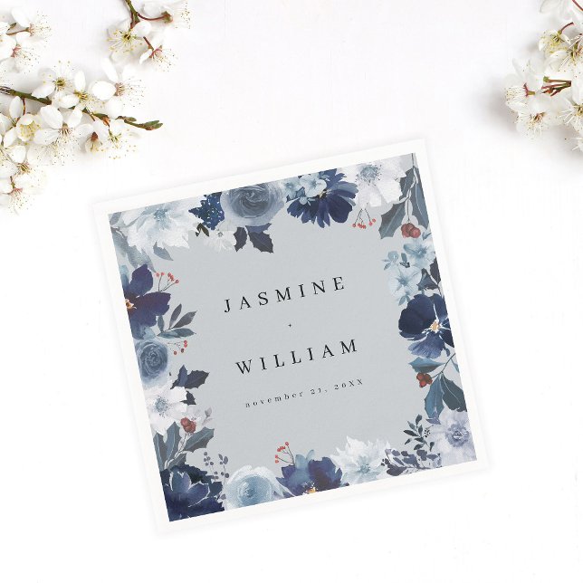 Blue & Navy Floral Name Napkins- Blue Grey Napkin (Creator Uploaded)