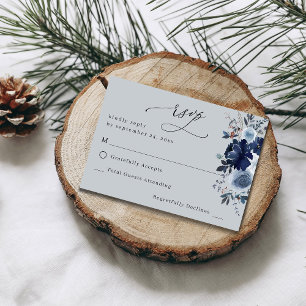 Blue & Navy Floral no Meal RSVP  - Blue Grey Card
