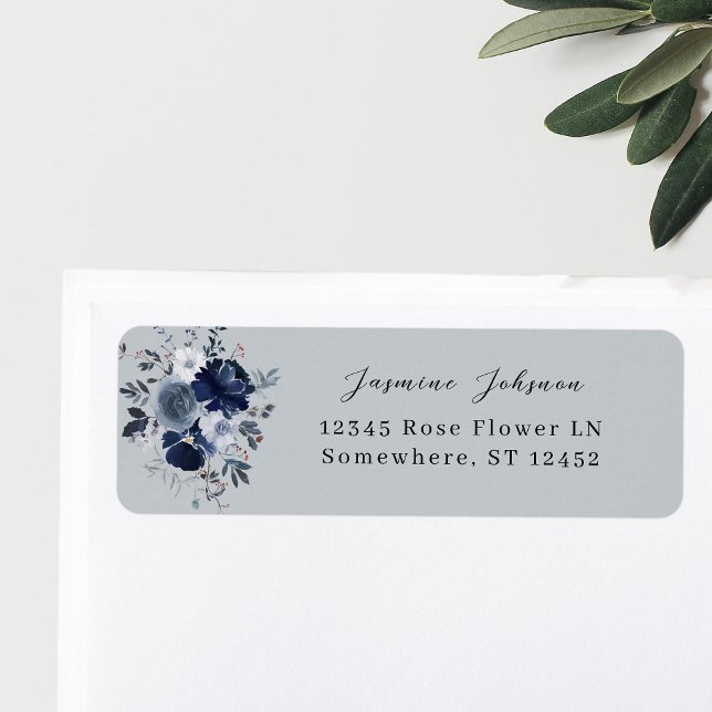 Blue & Navy Floral Return Address Label -Blue Grey (Creator Uploaded)