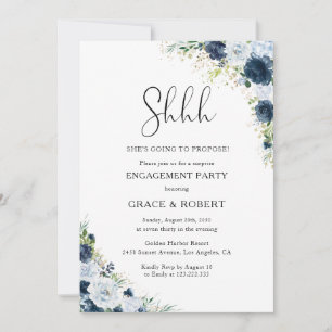 Blue Navy Floral Surprise Engagement Party Invitation