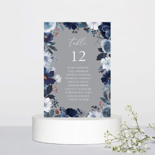 Blue & Navy Floral Table Number Seating Chart Grey