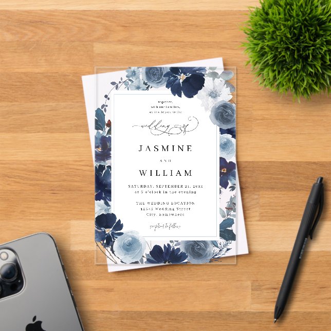 Blue & Navy Floral Wedding Acrylic Invitations (Insitu (Invitation Card))