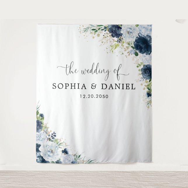 Blue Navy Floral Wedding Backdrops Banner  Tapestry (Front)