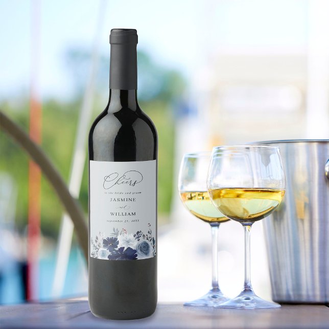 Blue & Navy Floral Wedding - Blue Grey Wine Label (Creator Uploaded)